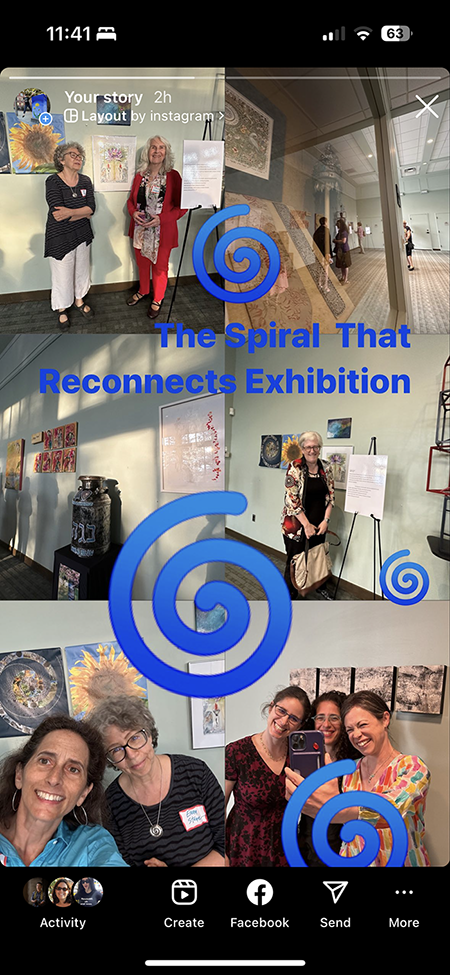 Screenshot of an instagram story collage of views of the Spiral that Reconnects opening exhibition with artists posing in front of paintings.